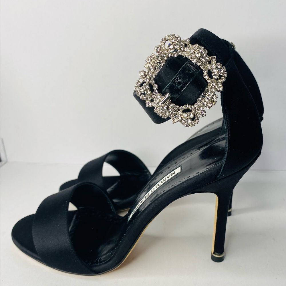 🛍️ Manolo Blahnik Authentic GORGEOUS Crystal Buckle Black Satin Open Toe Heels